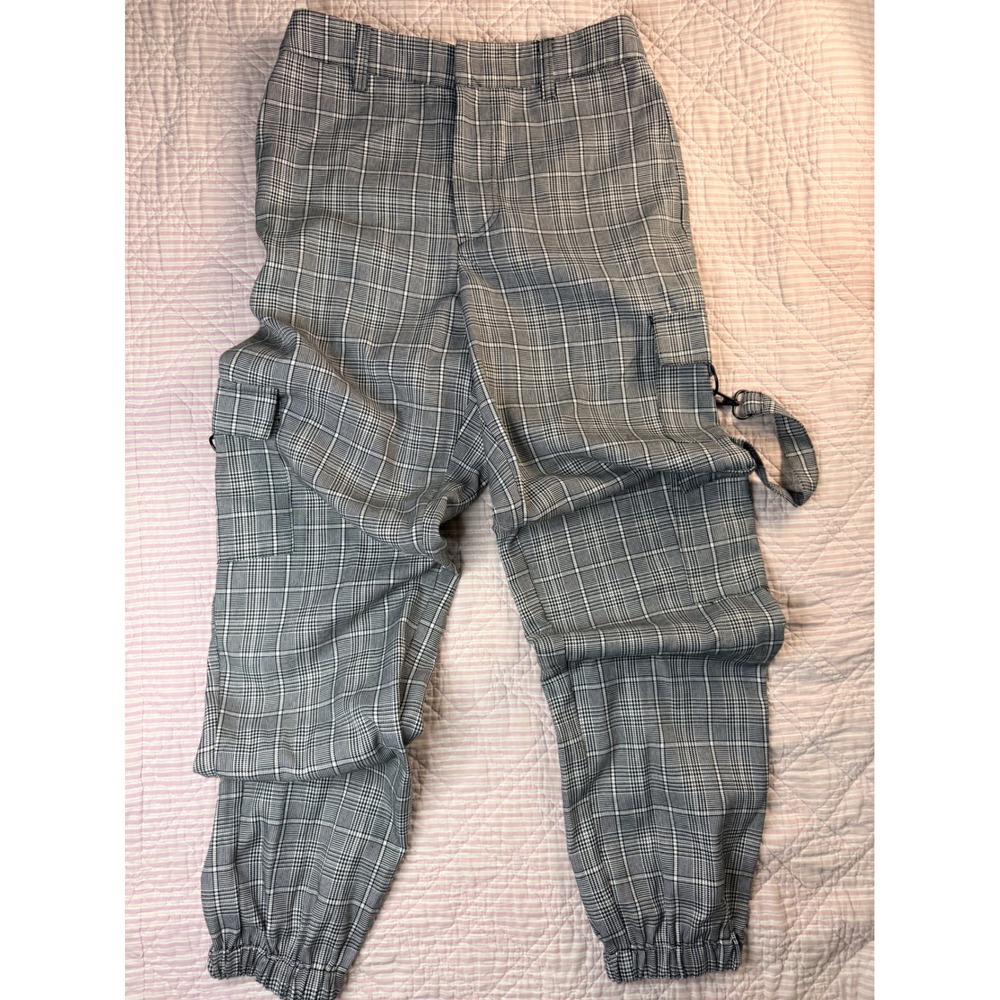 Y2K Forever 21 Grey Plaid Cargo Jogger Pants with‎ Straps Streetwear  S Alt